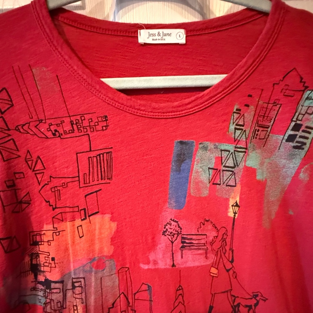 JESS & JANE Artistic Red Cotton Long Sleeve Top, L - Picture 5 of 6
